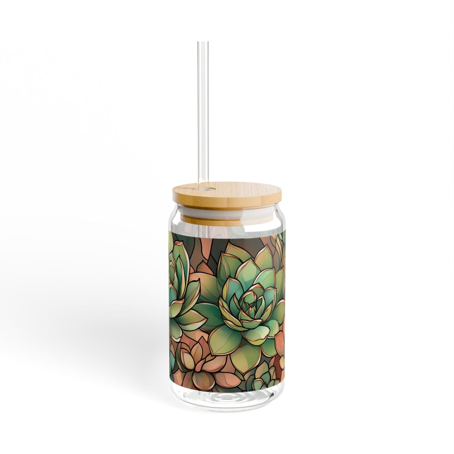 Copper Succulent Glass 16oz | Bamboo Lid Tumbler | Jade Plant Sipper | Botanical Glass | Gold Accent Design