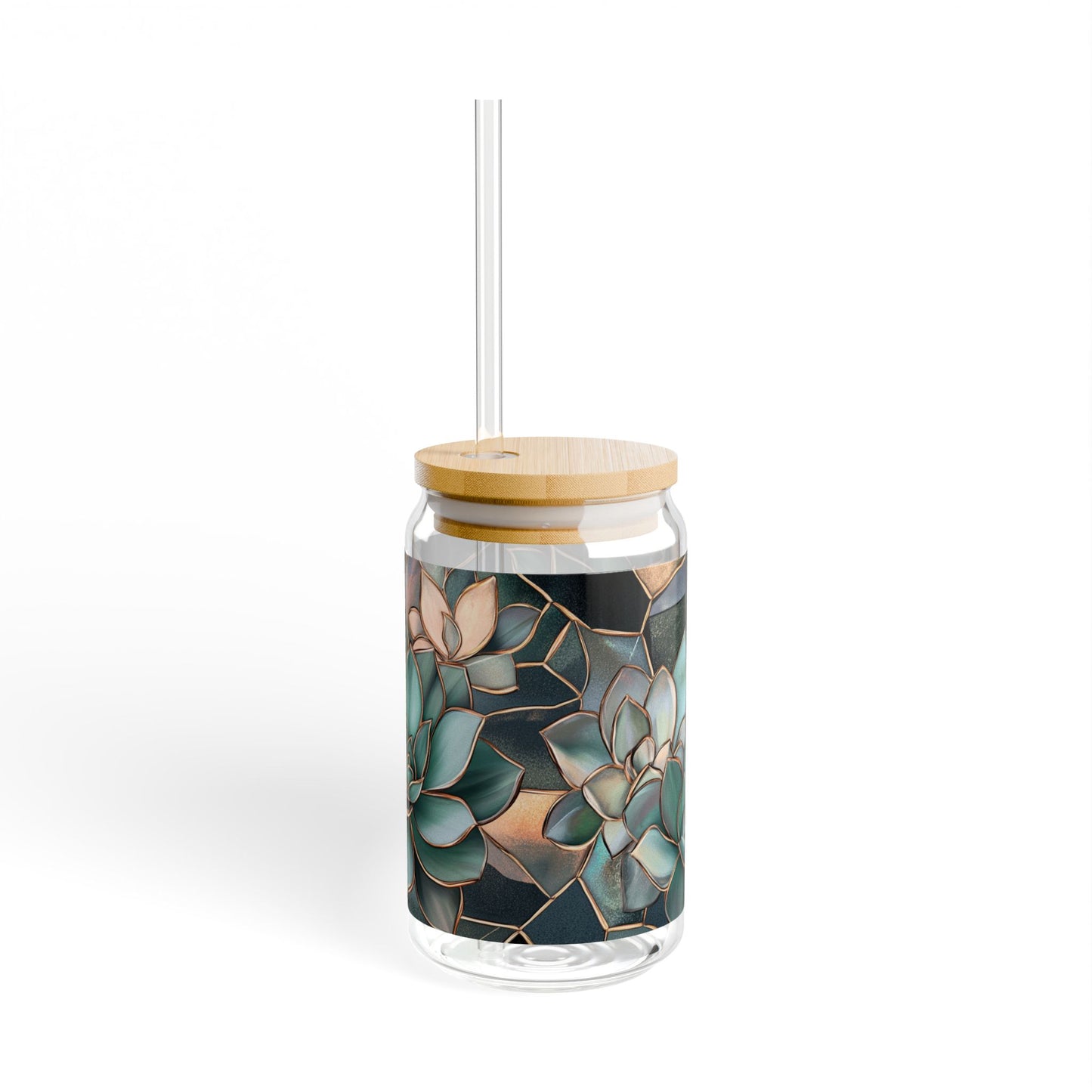 Mystical Succulent Glass 16oz | Bamboo Lid Tumbler | Jade Green Plant Glass | Dark Academia Sipper | Gold Accent