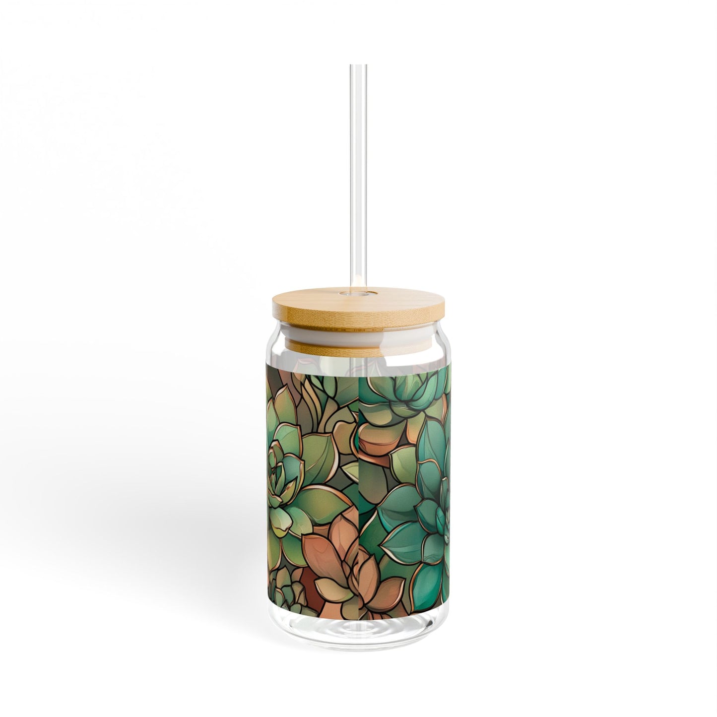 Copper Succulent Glass 16oz | Bamboo Lid Tumbler | Jade Plant Sipper | Botanical Glass | Gold Accent Design