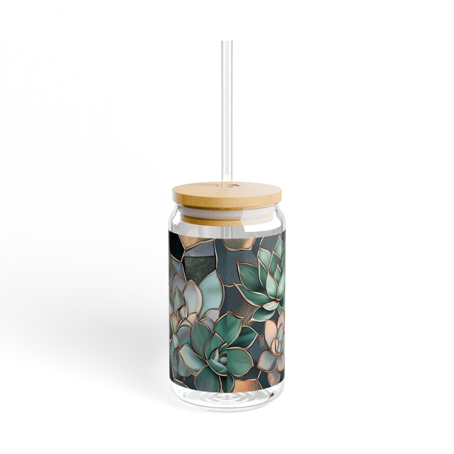 Mystical Succulent Glass 16oz | Bamboo Lid Tumbler | Jade Green Plant Glass | Dark Academia Sipper | Gold Accent