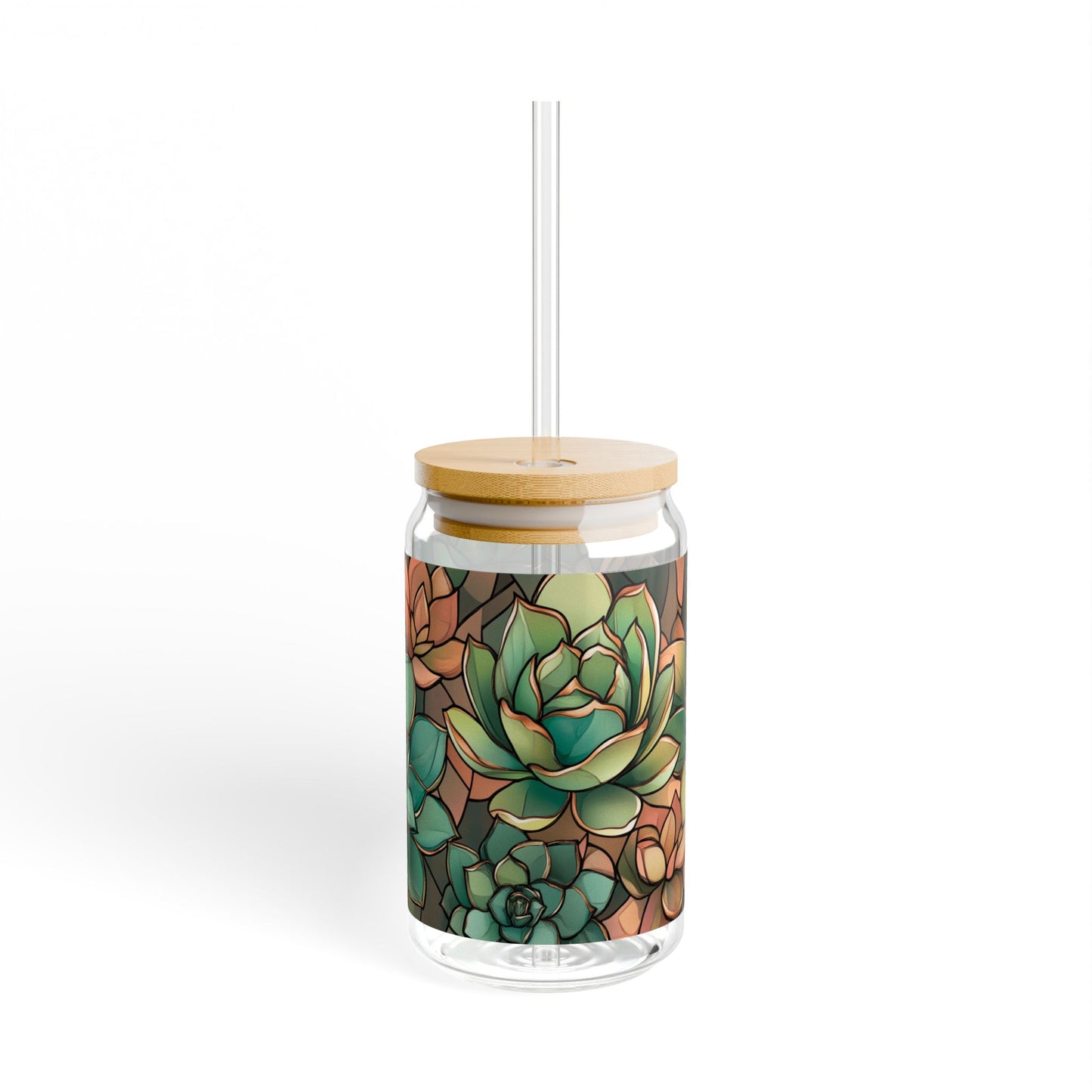 Copper Succulent Glass 16oz | Bamboo Lid Tumbler | Jade Plant Sipper | Botanical Glass | Gold Accent Design