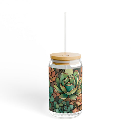 Copper Succulent Glass 16oz | Bamboo Lid Tumbler | Jade Plant Sipper | Botanical Glass | Gold Accent Design