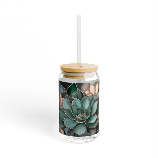 Mystical Succulent Glass 16oz | Bamboo Lid Tumbler | Jade Green Plant Glass | Dark Academia Sipper | Gold Accent