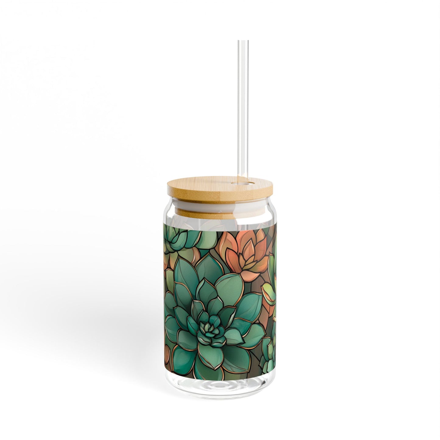 Copper Succulent Glass 16oz | Bamboo Lid Tumbler | Jade Plant Sipper | Botanical Glass | Gold Accent Design